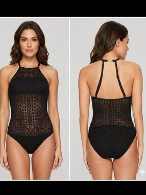 NWT Lauren Ralph Lauren Black Geo Jaquard Hi Neck Swimsuit L115110 Size 6